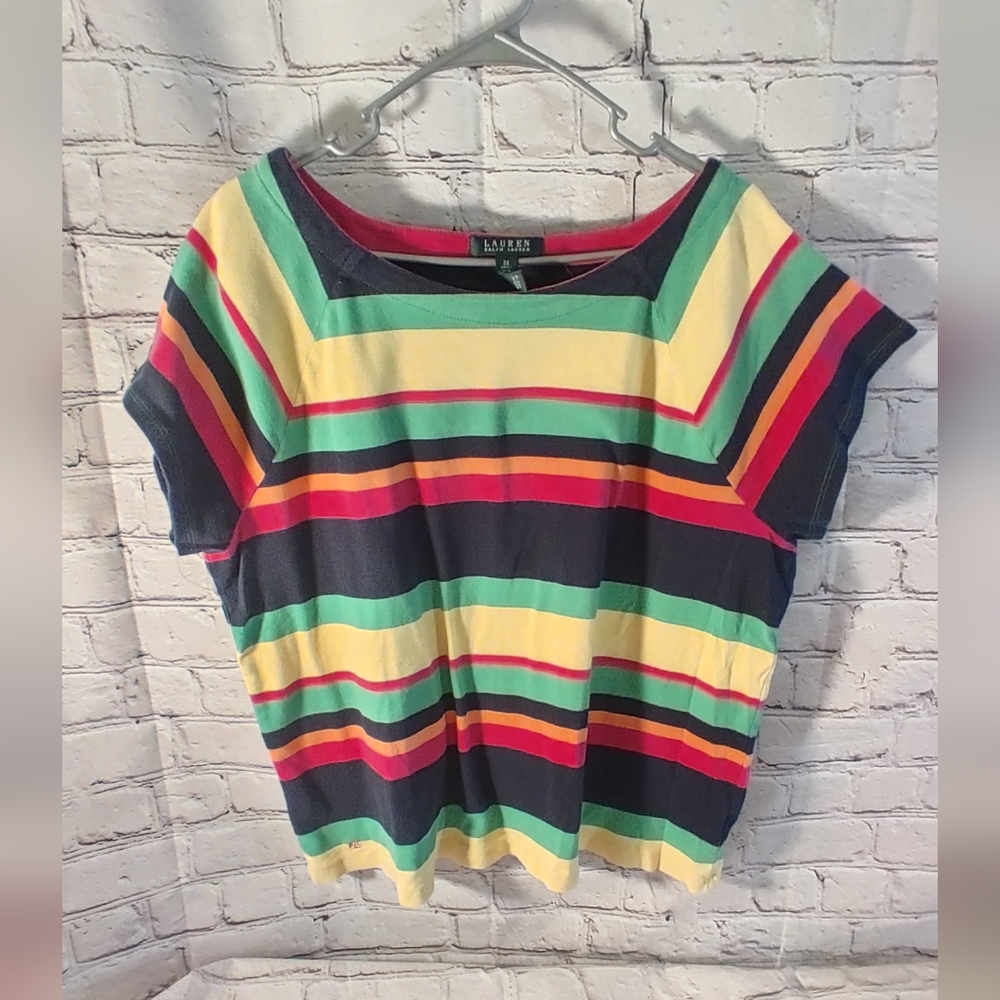 Lauren Ralph Lauren Navy Multicolor Striped Short Sleeve Top